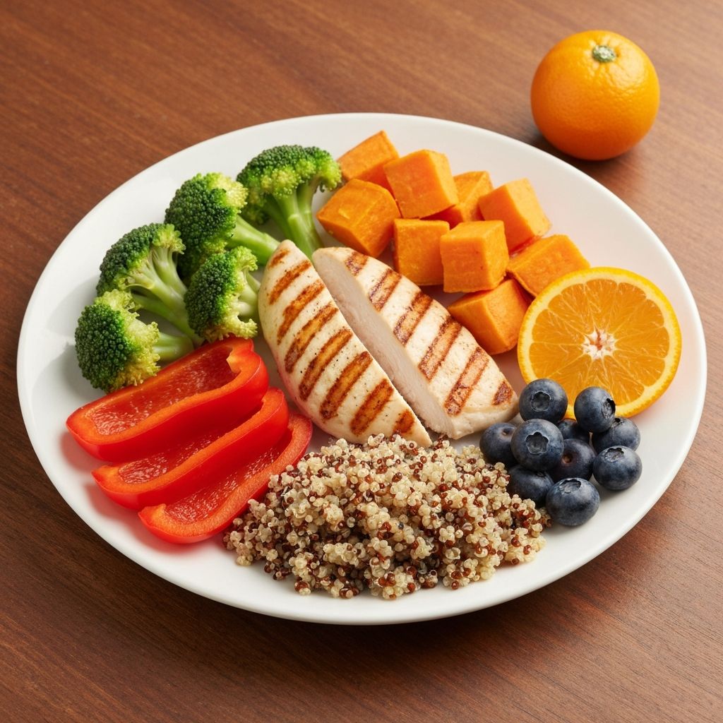 Healthy balanced plate with colorful vegetables and proteins