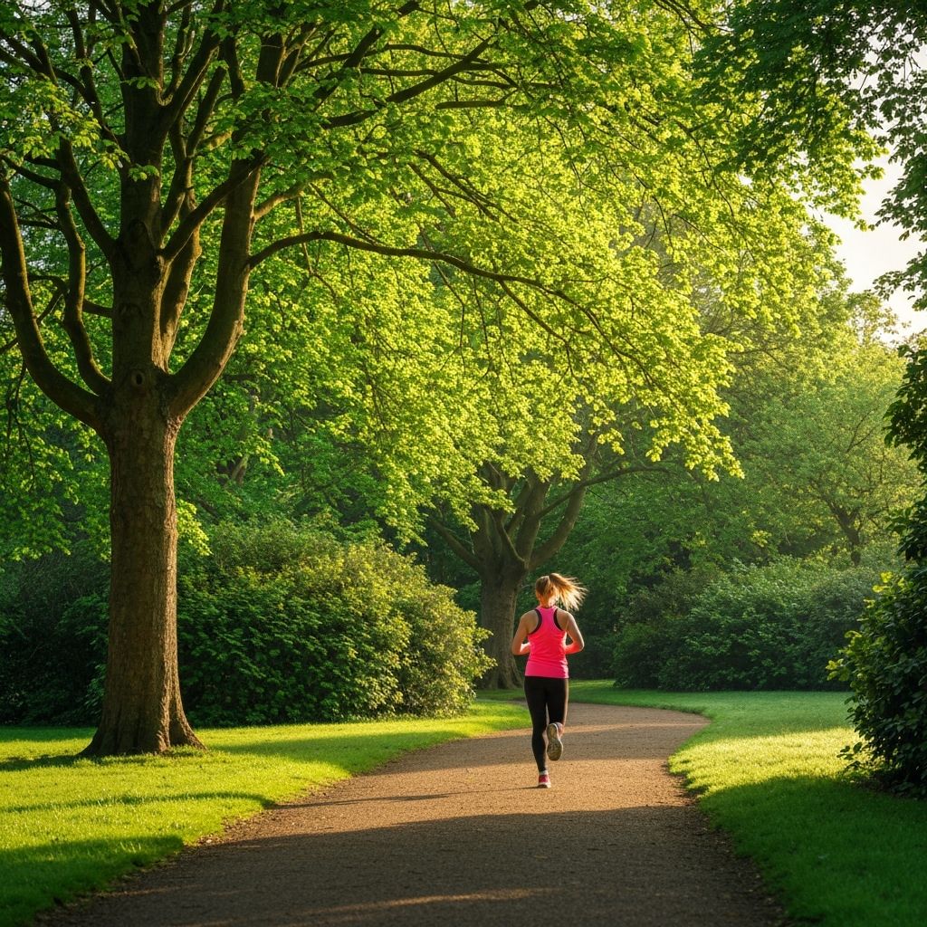 Person jogging through a park with greenery